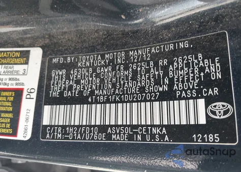 2013 Toyota Camry Le from USA, damaged, VIN 4T1BF1FK1DU207027
